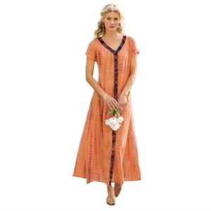 Soft Surroundings Orange Tie-Dye Maxi Dress with Dark Trim